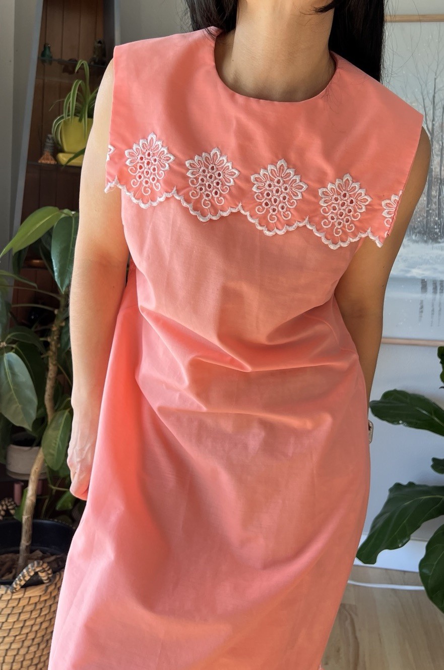 vintage 60s orange white embroidered sailor collar sheer mod midi dress medium
