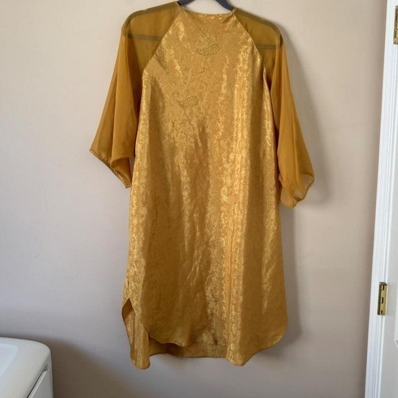 Vintage 80s Yellow Gold Nightgown Mini Dress Paisley Filigree Sheer Long Sleeve