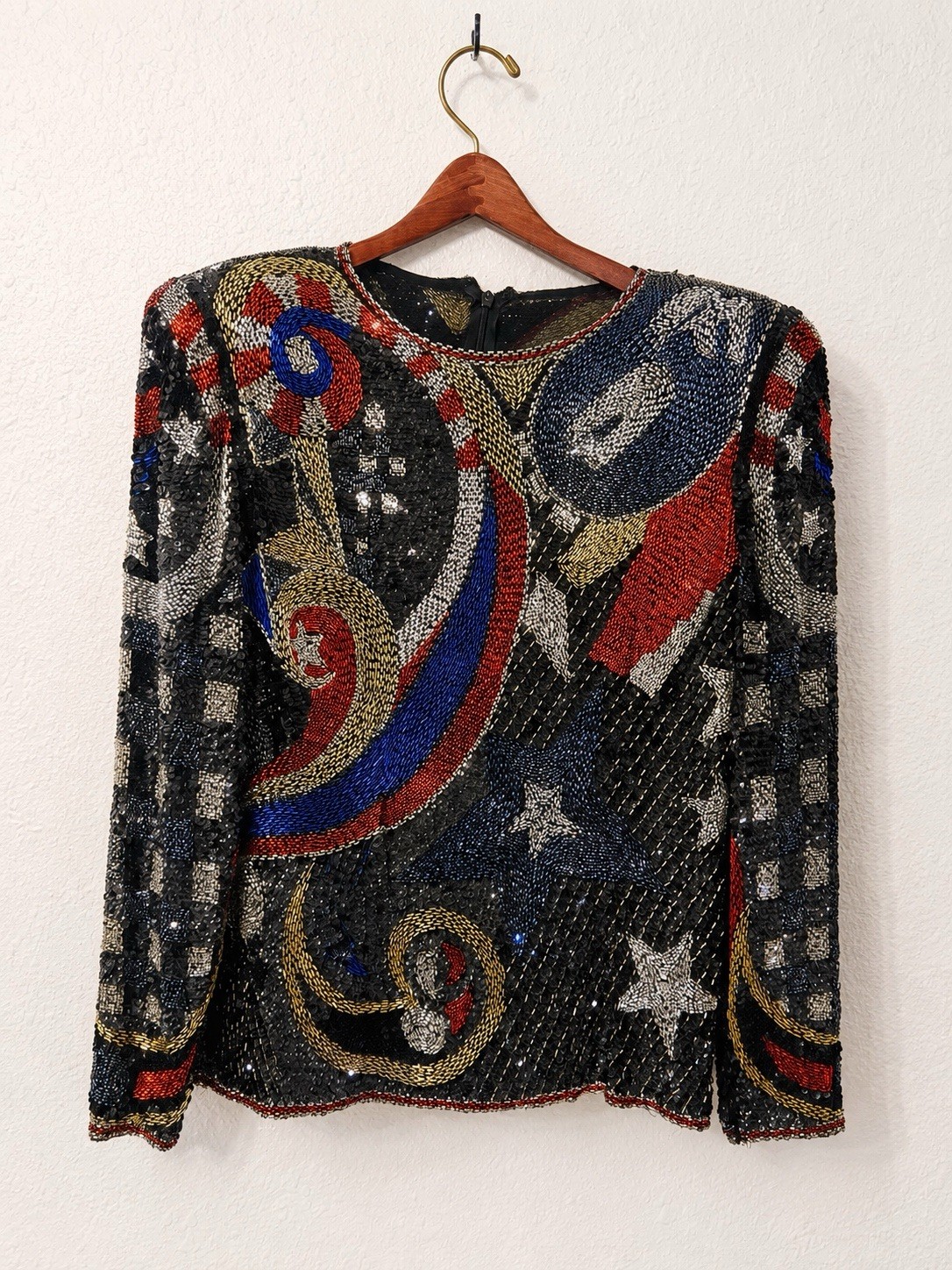 Vintage 80s Beaded Sequin Top Small Abstract Celestial Statement Shoulder Pads