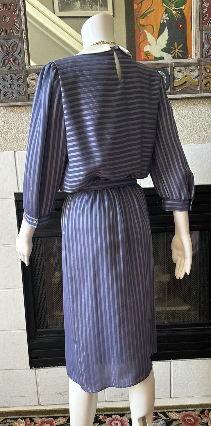 Vtg 80s JSJ Belted Dress Womens Polyester Blue Dynasty Style 34” Bust 28” Waist