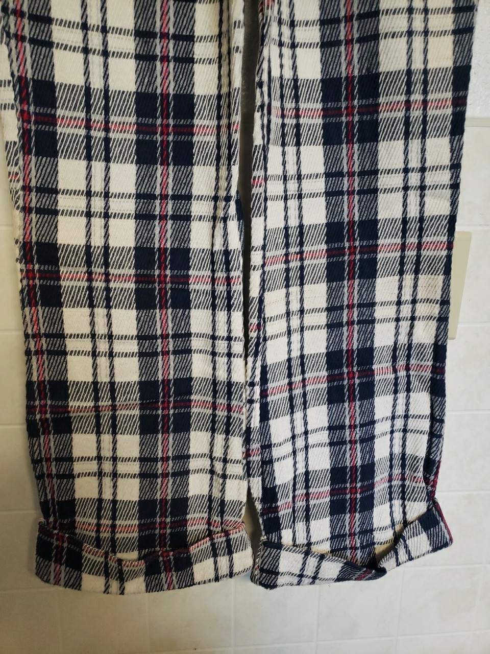 Vtg 60s 1970s Plaid Pants Cuffed 30×30 Red White Blue Bell Bottom Flare TopsAll