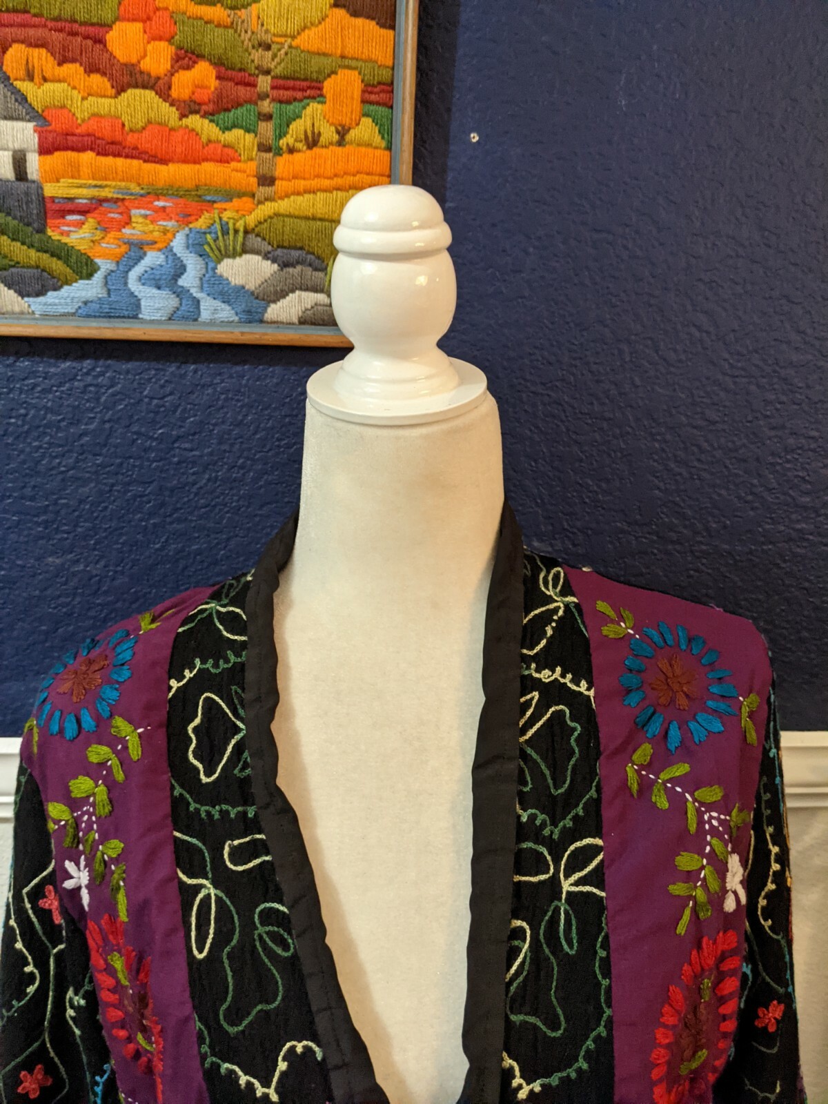VTG Anu Wearable Art Embroidered Patchwork Tapestry Open Front Jacket Sz Large L