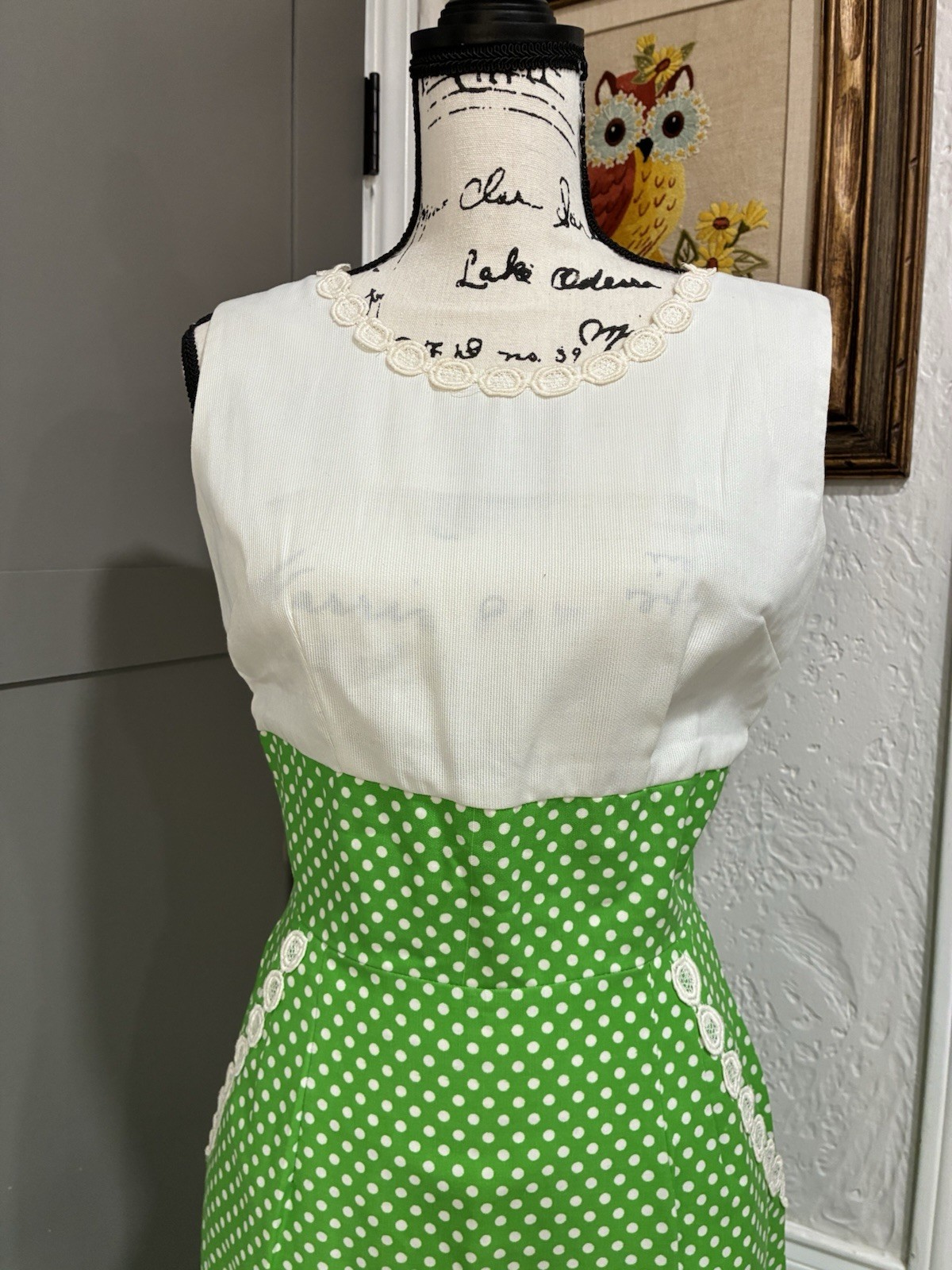 Vintage 1960’s Lounge Craft Green & White Polka Dot Dress – Groovy