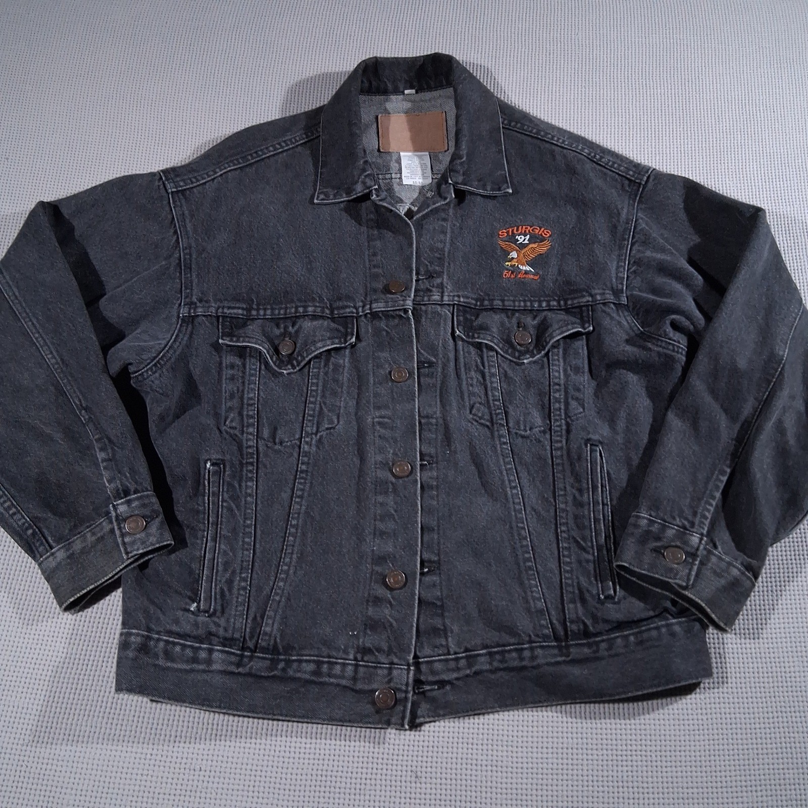 Vintage 1991 Sturgis Black Hills Motor Classic Denim Motorcycle Jacket Black MED