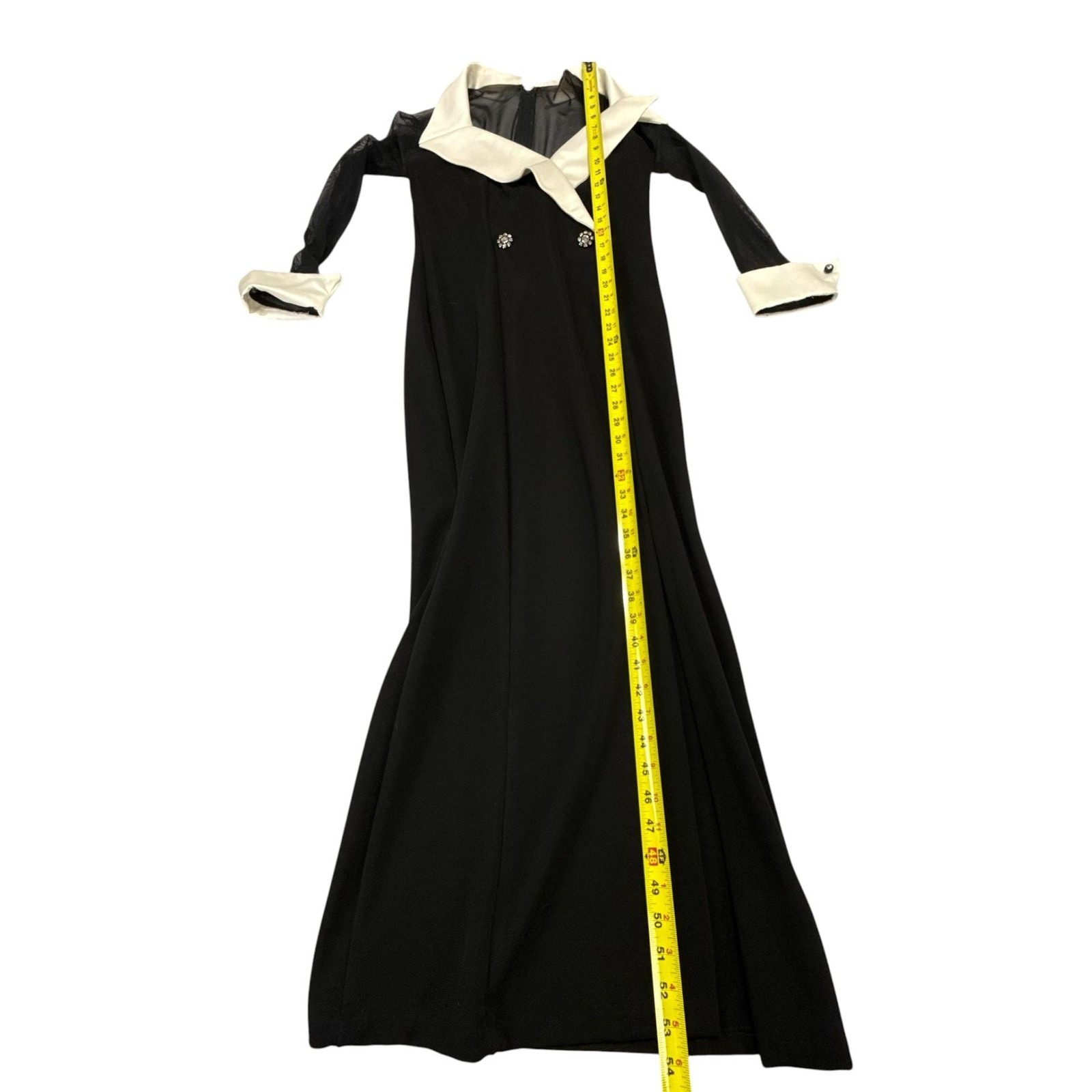 Vintage Tuxedo Style Formal Maxi Dress with Sheer Sleeves and Contrast Lapels