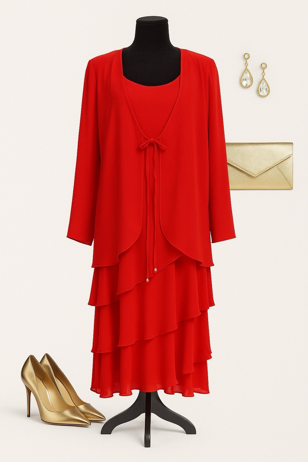 Vtg 80s Cattiva Saks Fifth Avenue Red Tiered Ruffle Dress Jacket Set Sz 12 USA