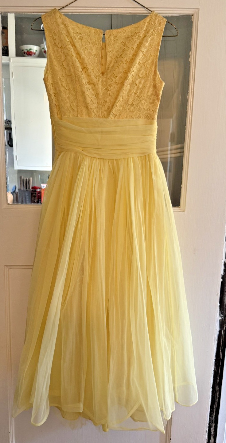 Vintage Tea Length 1958 Formal Prom Dress in Yellow XS