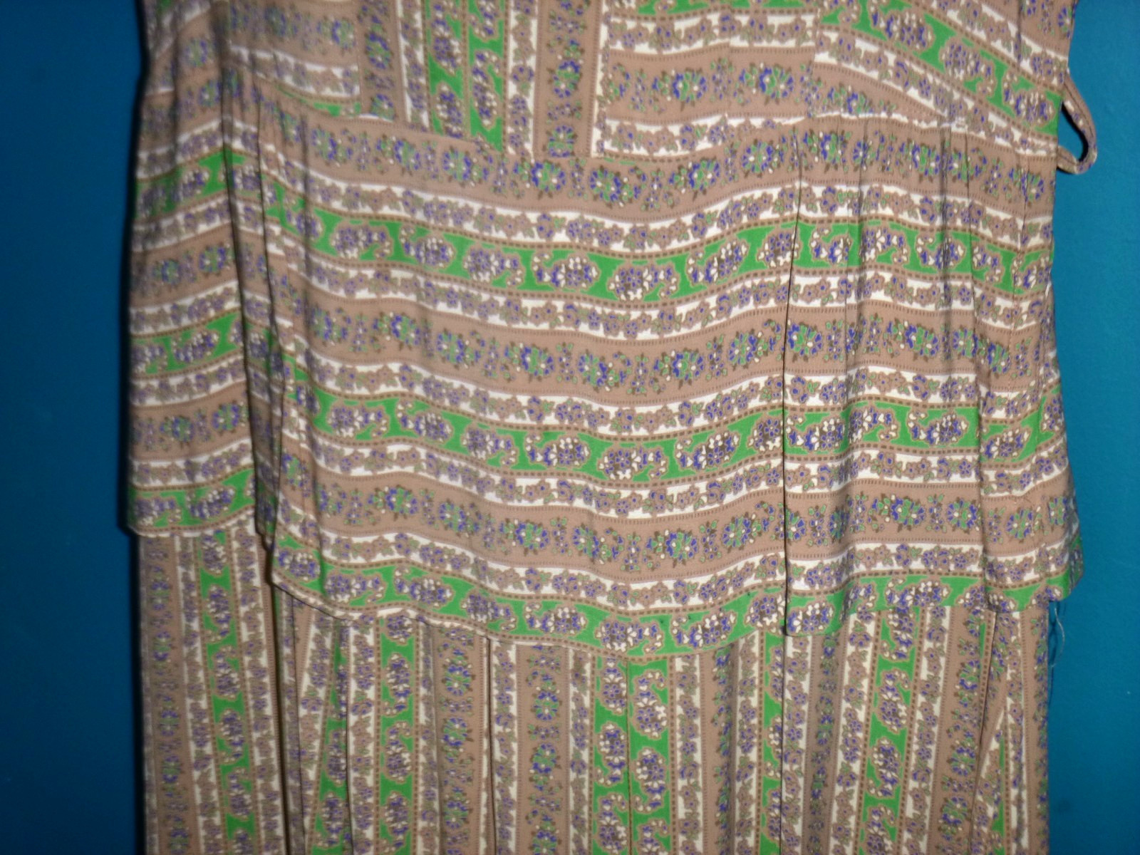 Vtg 40s 50s Rayon Dress Green Tan Blue Floral Stripes W/ Peplum VOLUP Sz XL