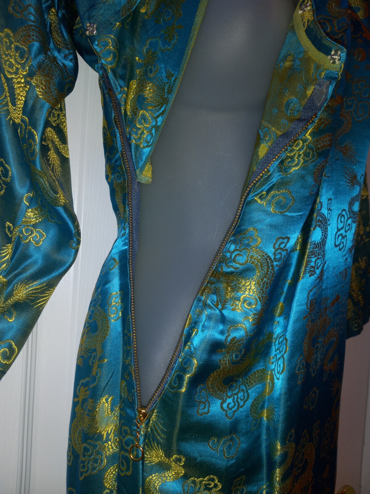 Vintage 60s Cheongsam Silk Turquoise Gold Oriental Dragon Wiggle Dress S Tiki O