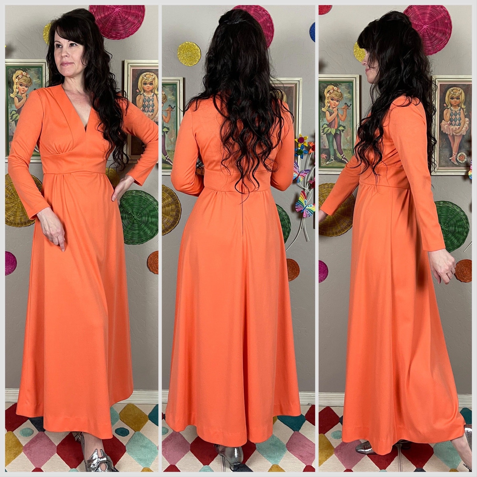 Vintage 1970s Tangerine Orange Long Sleeve Empire Waist Maxi Dress | 28″ Waist