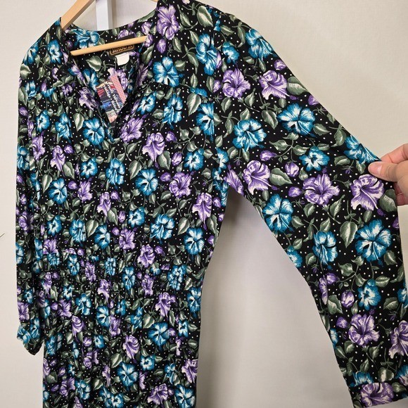 Virgo II Vintage Womens Size 12 Floral Polka Dot Long Sleeve Midi Dress Black