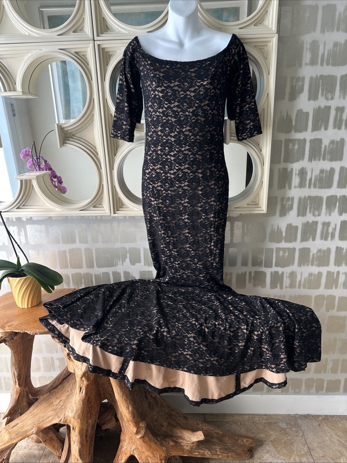Omo Norma Kamali 90s Black Lace & Nude Shoulder Baring Empire Mermaid Maxi L