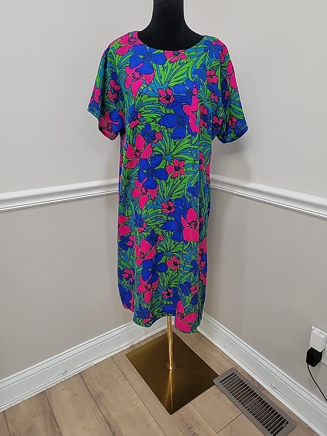 Vintage 60s 70s Psychedelic Mod Floral Dress Neon Pink Blue Green Shift VTG