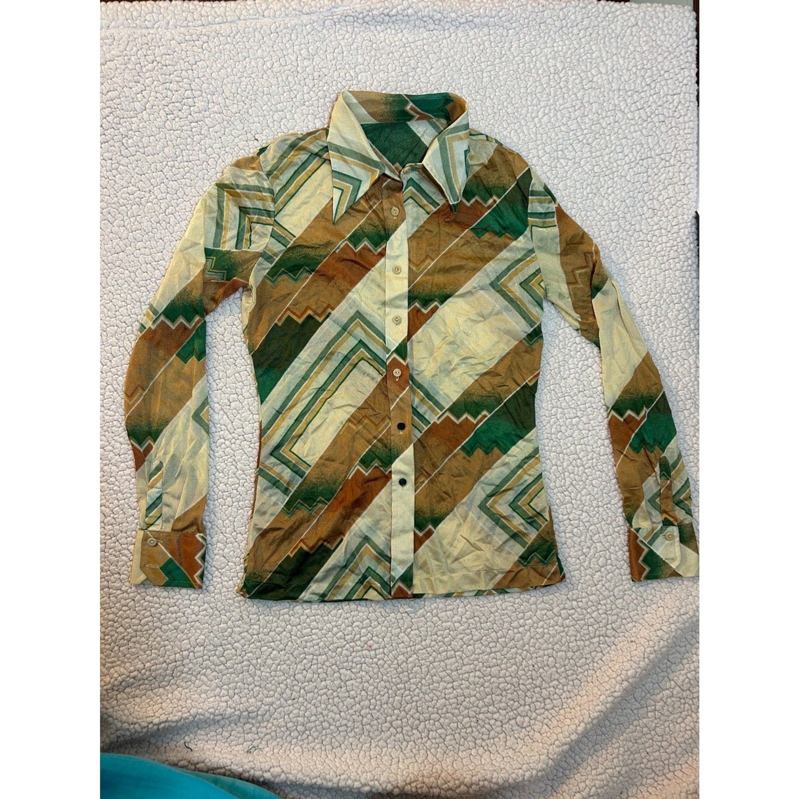 Vtg 70s Dagger Collar Disco Shirt Geometric Print Retro Top