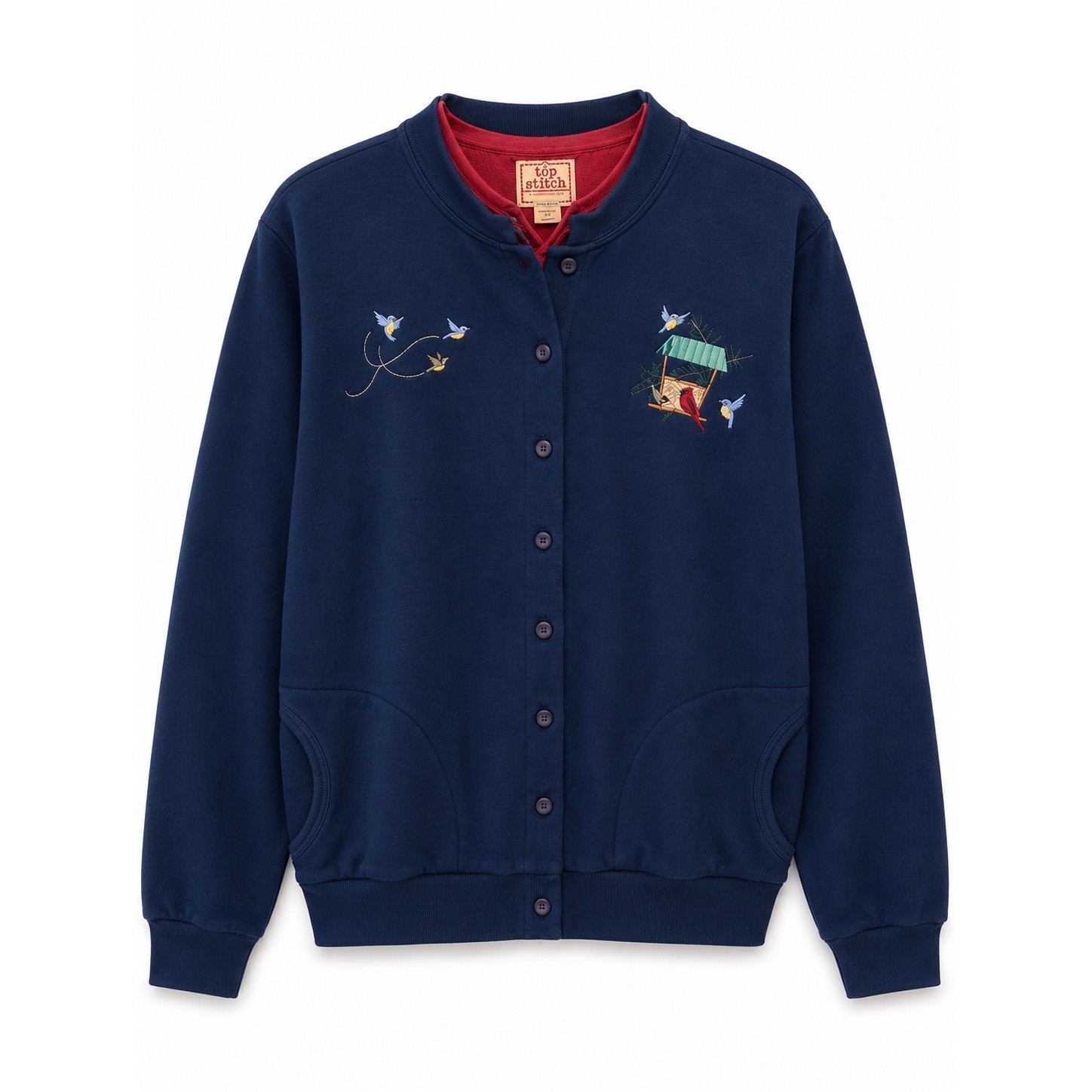 Top Stitch Morning Sun Vintage 80s Bird Embroidered Cardigan Sweatshirt Navy M