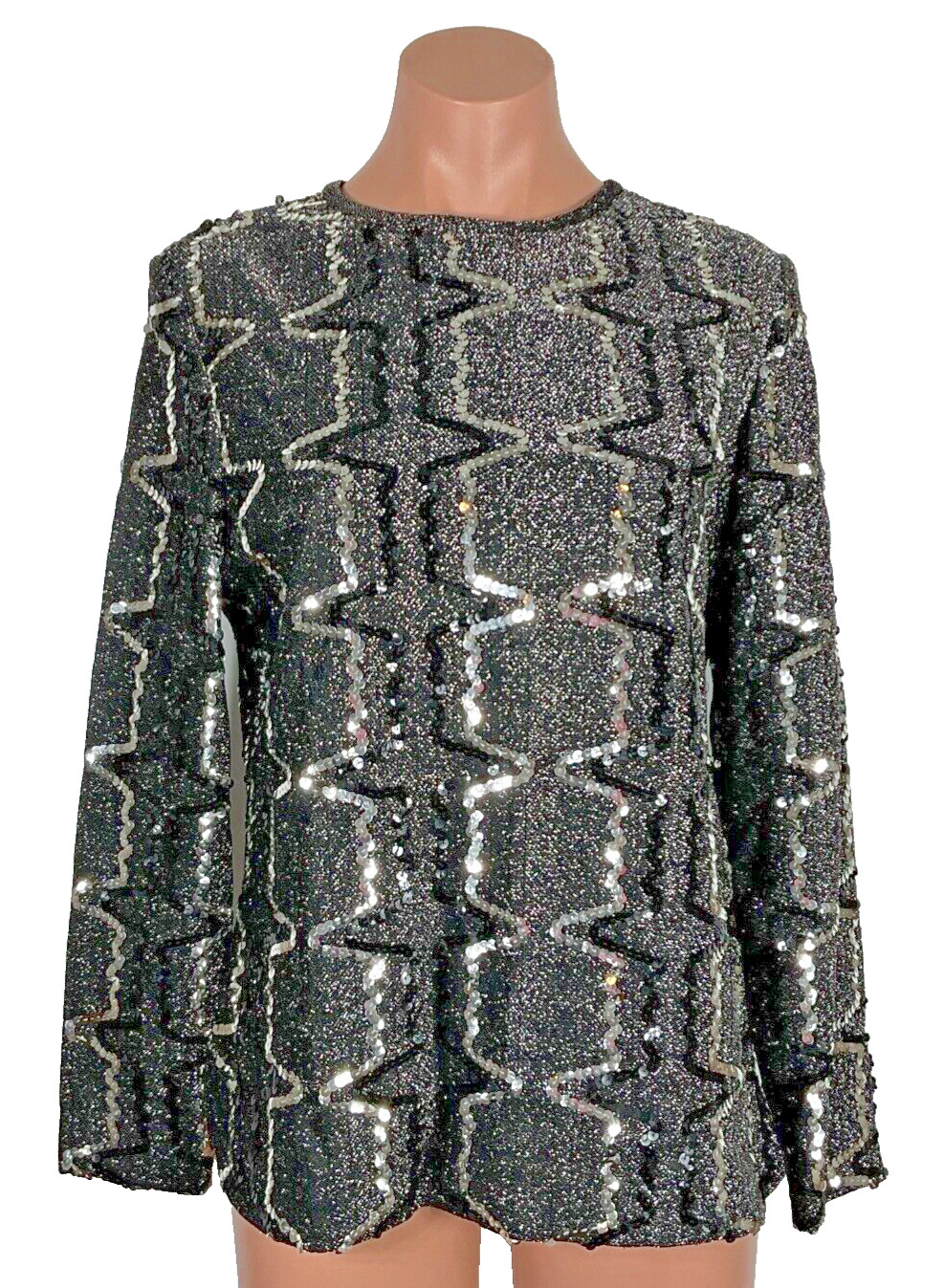 VTG 70s Elinor Gay original black silver sequin blouse top mid century sz 14 MOD