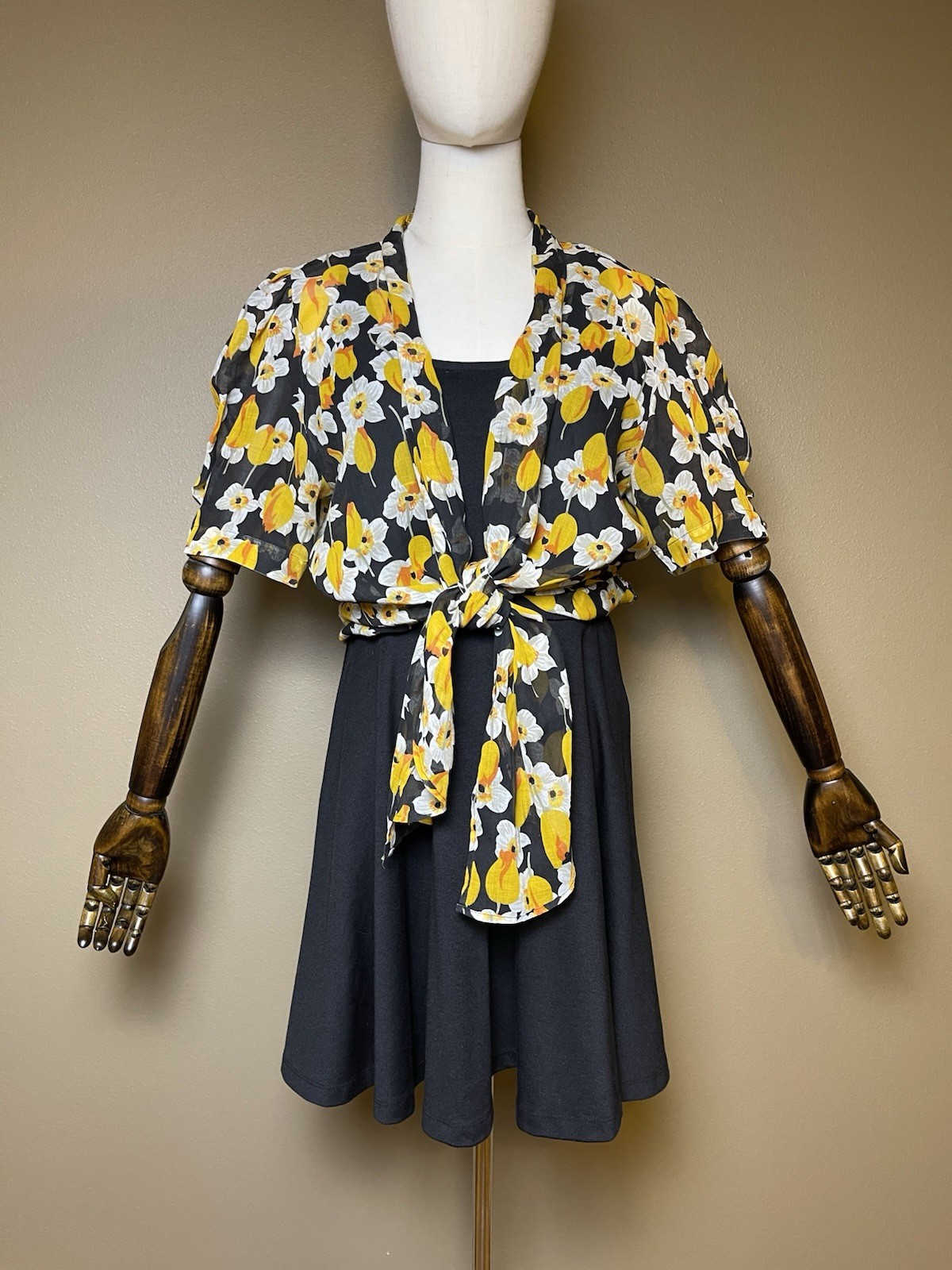 Vintage 1960s Sheer Black Floral Daffodil Print Italian Tie Front Blouse Coverup