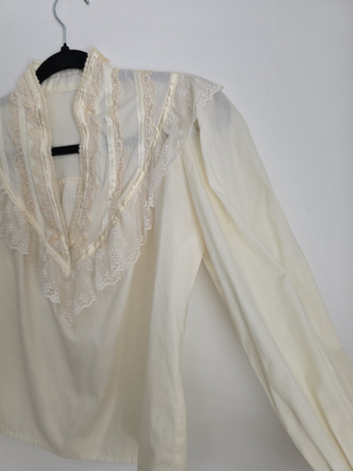Ivory Lace Victorian Style Long Sleeve Shirt with Lace Trim and Button Cuffs
