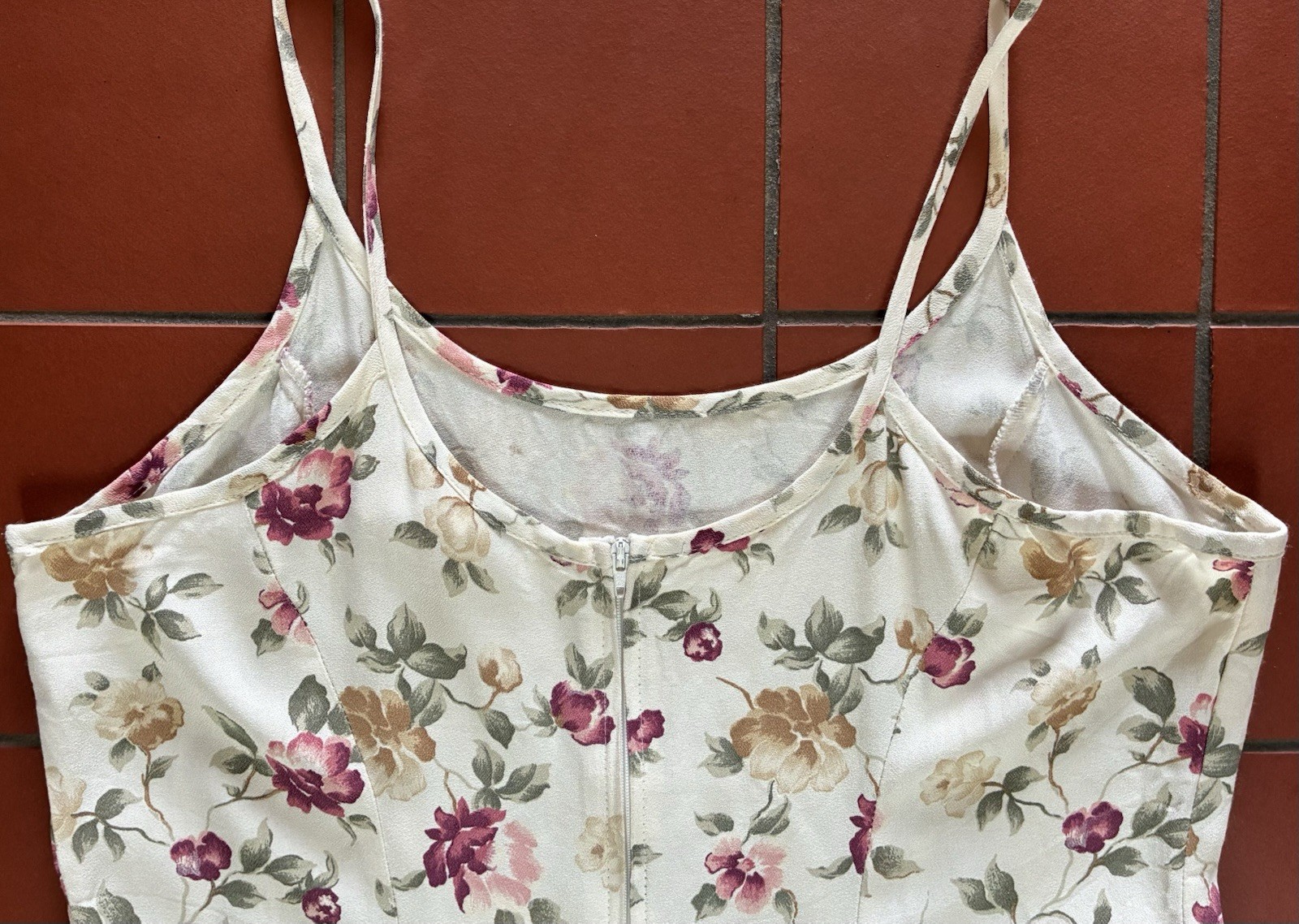 Vintage 90s Beige Floral Dress Size LG Maxi Slip Cottagecore Y2K