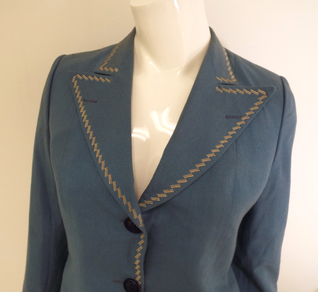 Vintage 1970s De Noyer Blue Cotton Womens Pant Suit 36 James Borynack France