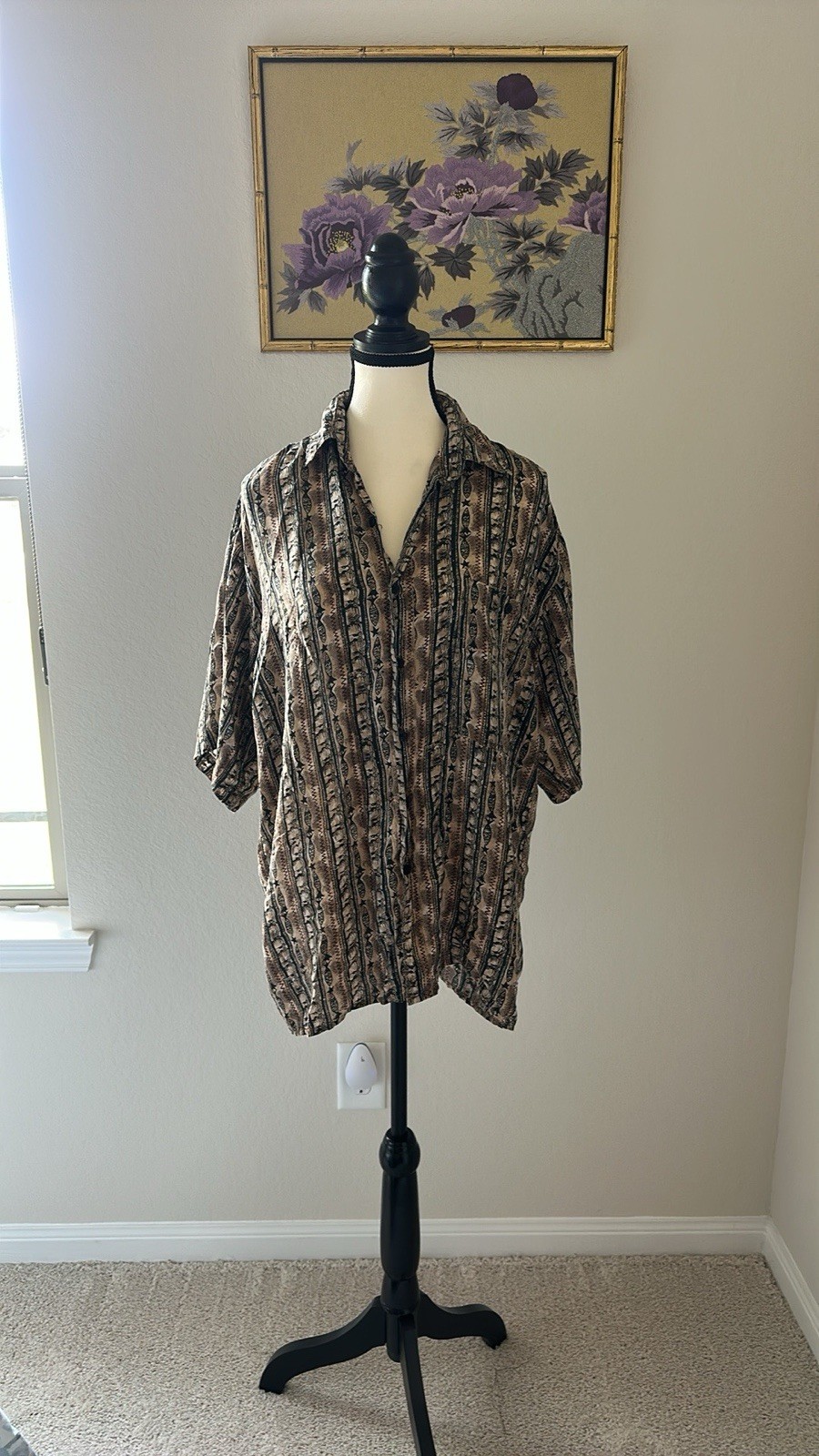 Vintage 90s Black and Brown Print Menswear Real Silk Button-Down Shirt Size S