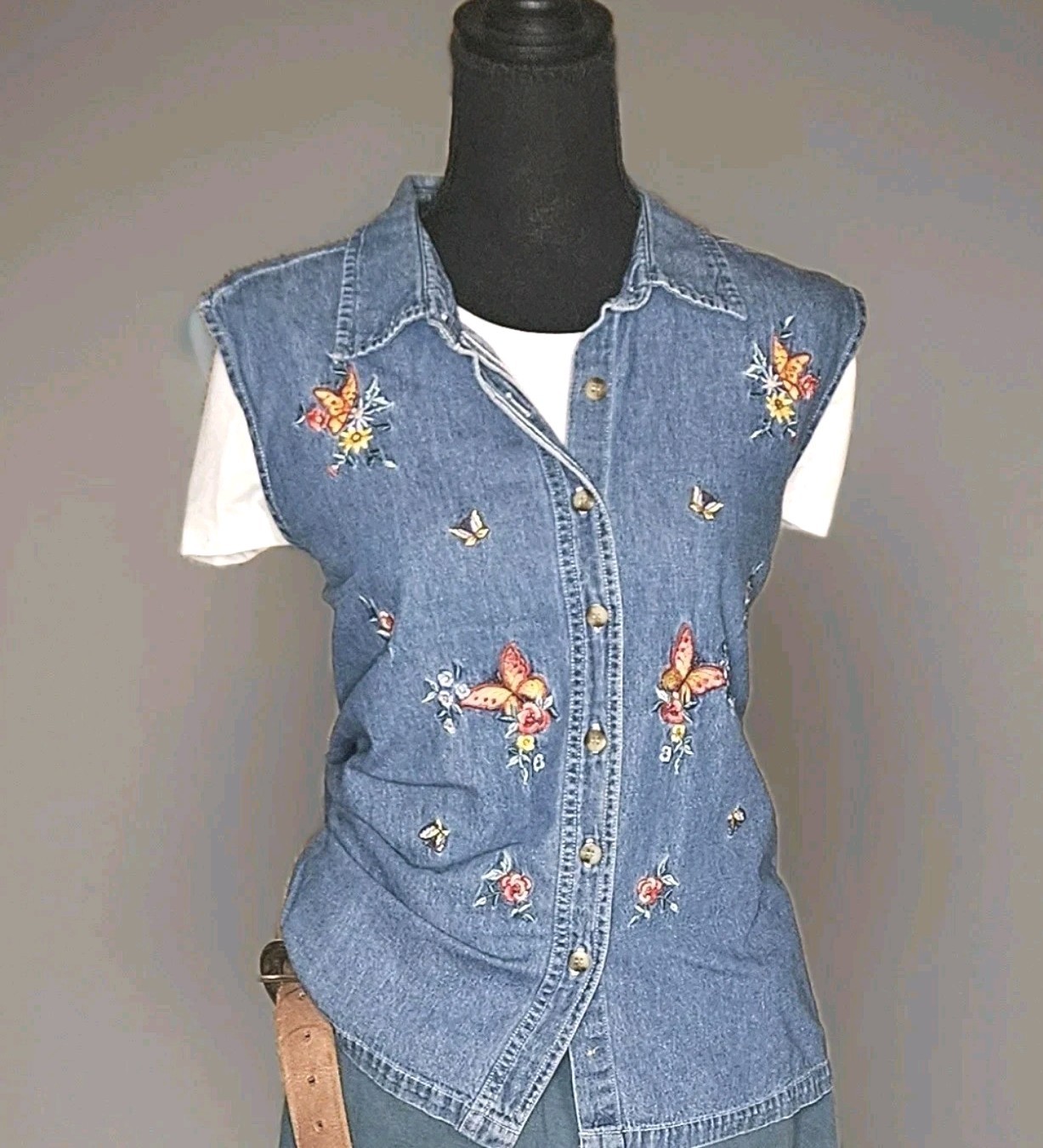 Vtg Denim Shirt Butterfly Embroidery XL Grannycore Cottagecore Prairie 90s Mom