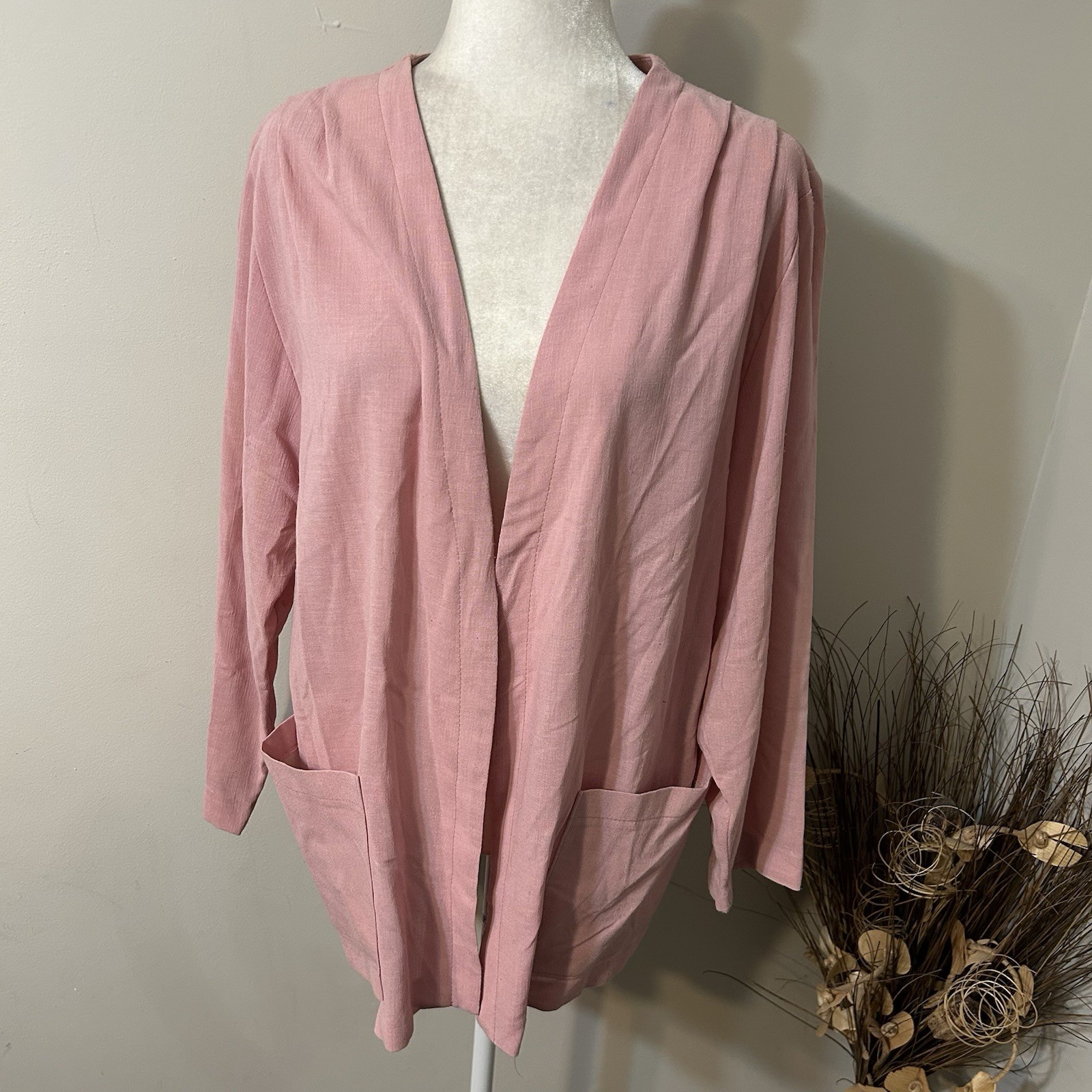 Vtg Alfred Dunner Pink Women Open Front Pocketed Blazer Lightweight Pleated L