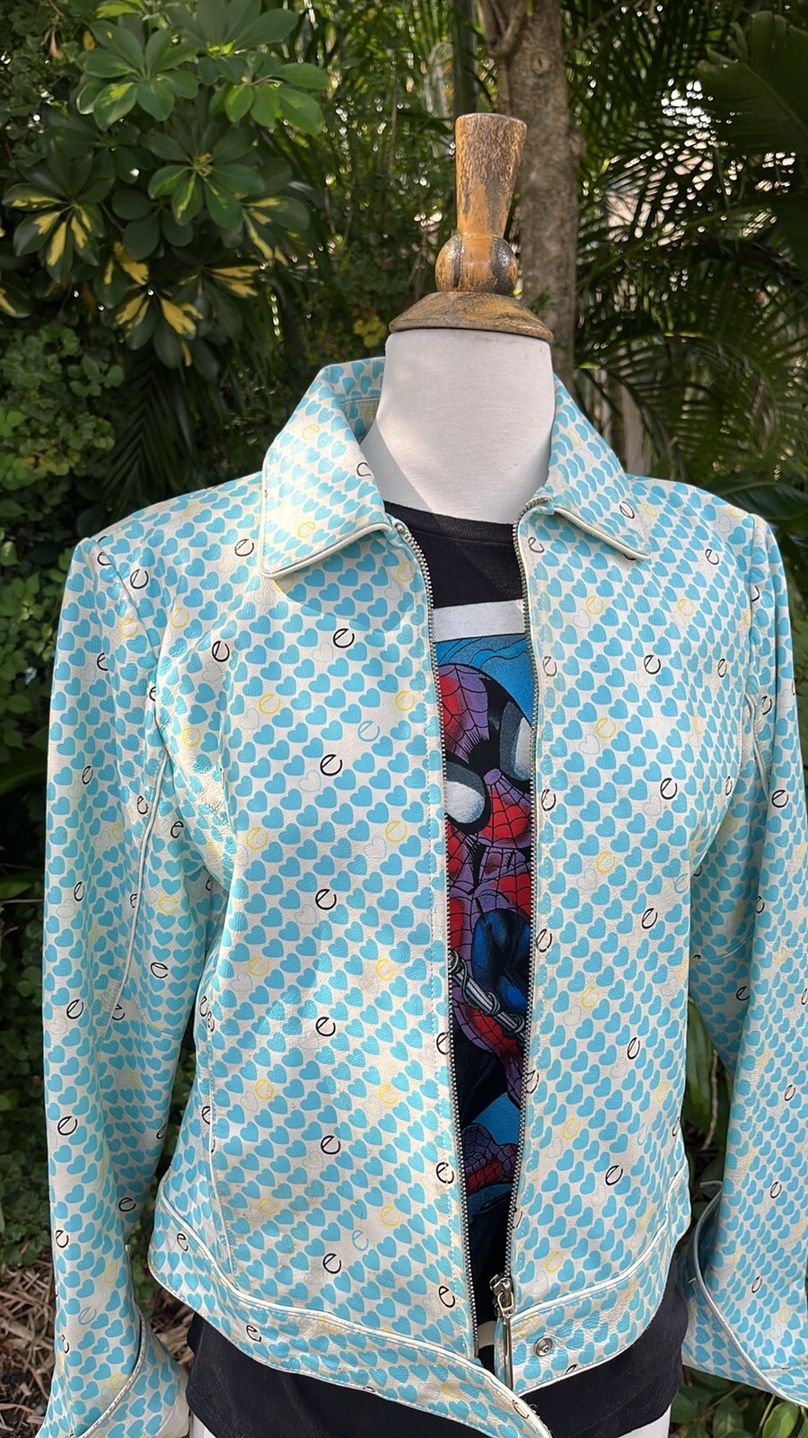 Mod RARE Cool VTG Womens LEATHER Bomber Jacket Retro Hearts Pattern XS