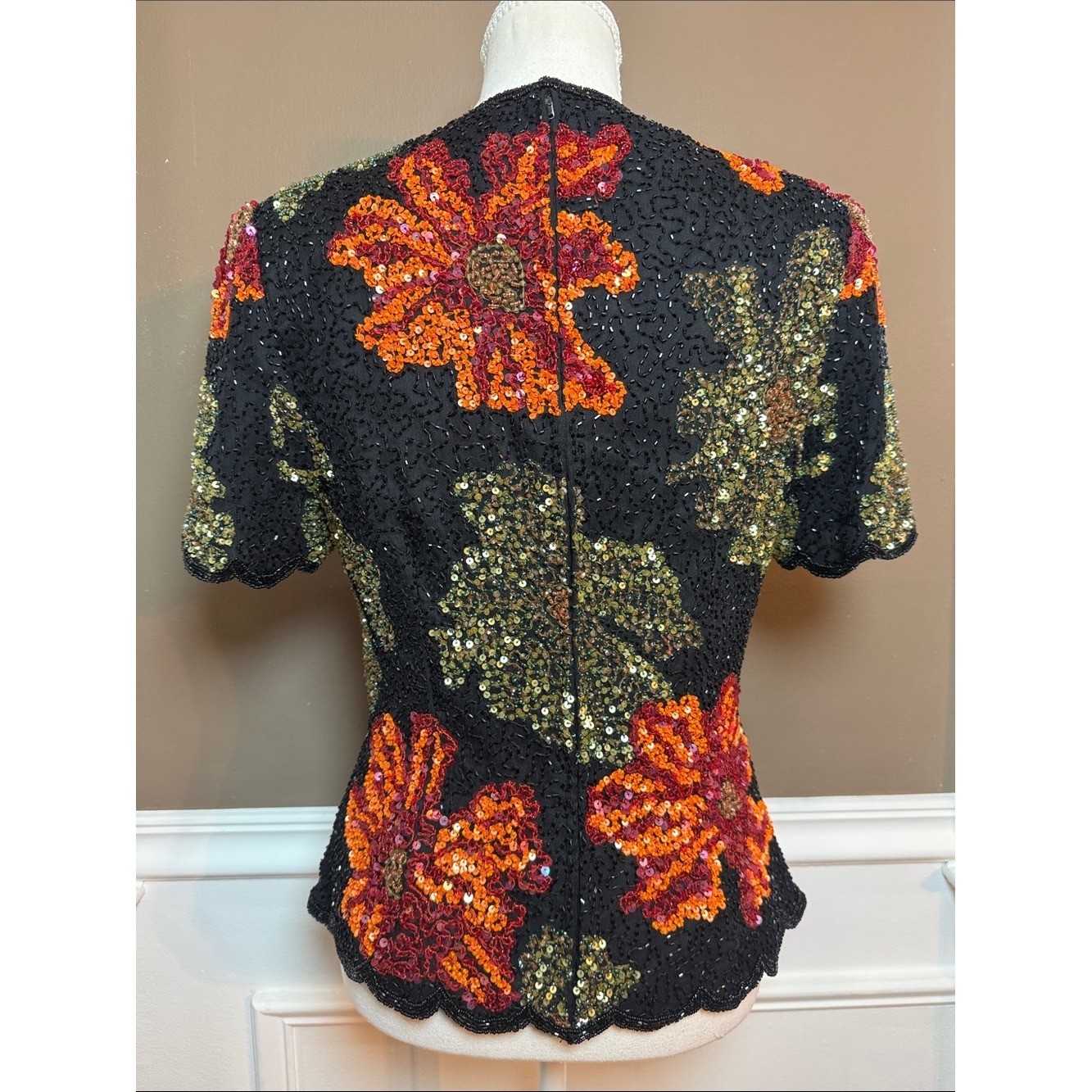 Vintage Silk Beaded Floral Top Black Sequin Scalloped Fitted M