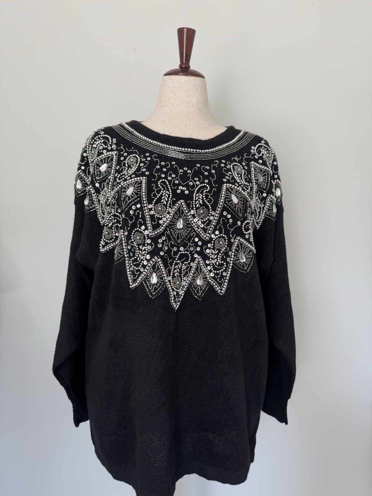 Maurada Women’s 1X Black Beaded Embellished Sweater Ramie Cotton Vintage Style