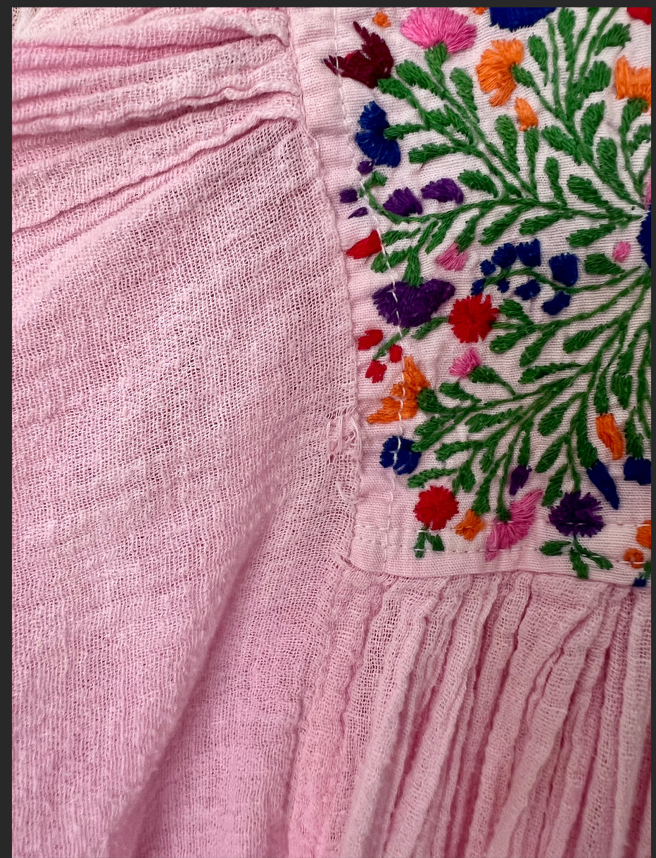 Vintage Oaxaca Mexican Hand Embroidered Floral Cotton Gauze Dress Hippie Boho
