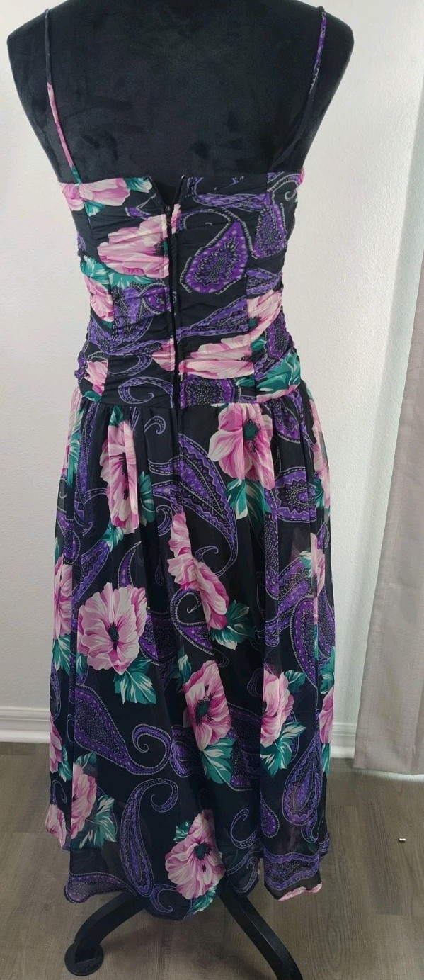 Vintage 80s Opening Night Maxi Dress Drop Waist Paisley Floral Crinoline Size 9