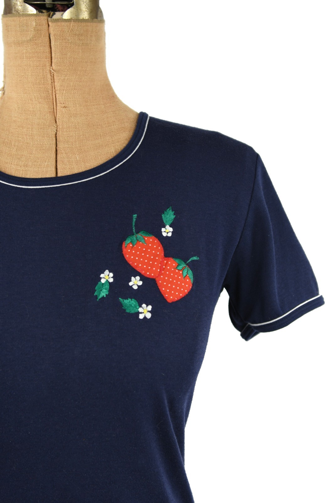 Vintage 70s 80s Navy Blue Novelty Strawberry Short Sleeve Baby Doll T Shirt M L