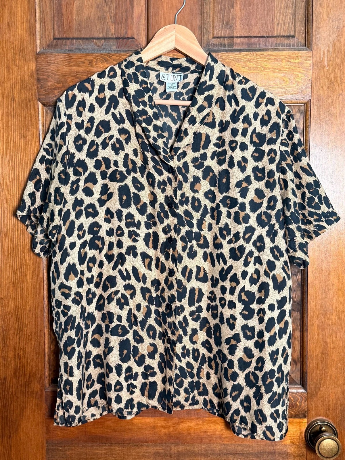 Vintage 90s Leopard Print 100% Silk Blouse Button Front Animal Print Top Large