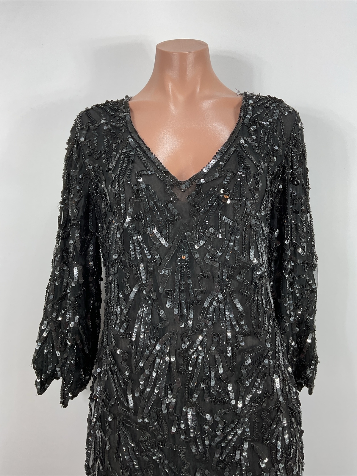 Vintage Linsiano Black Midi Dress Flapper Silk Sequin V Neck Fringe Hem sz S