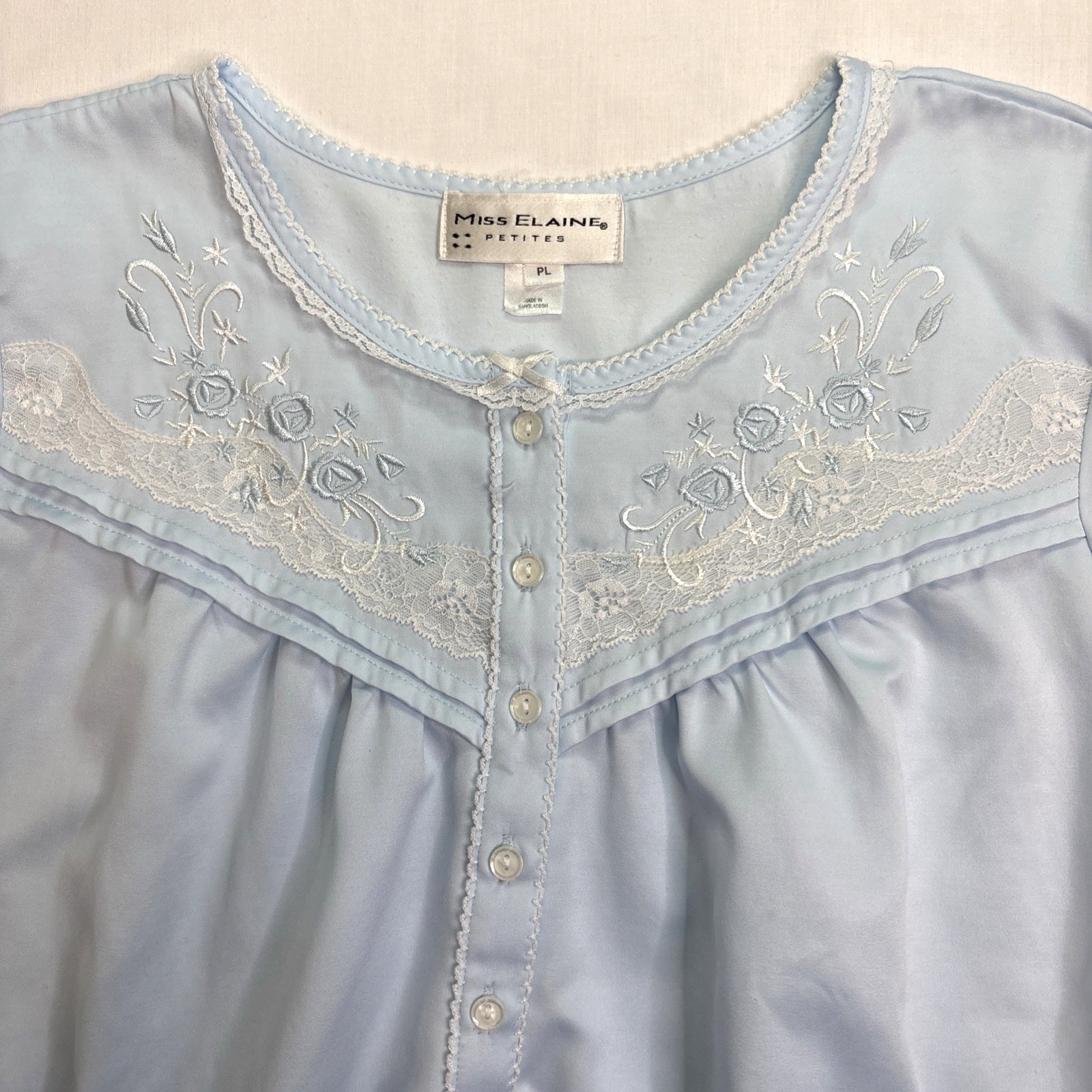 Miss Elaine Petites PL Nightgown Blue Long Sleeve Lace Embroidered Floral