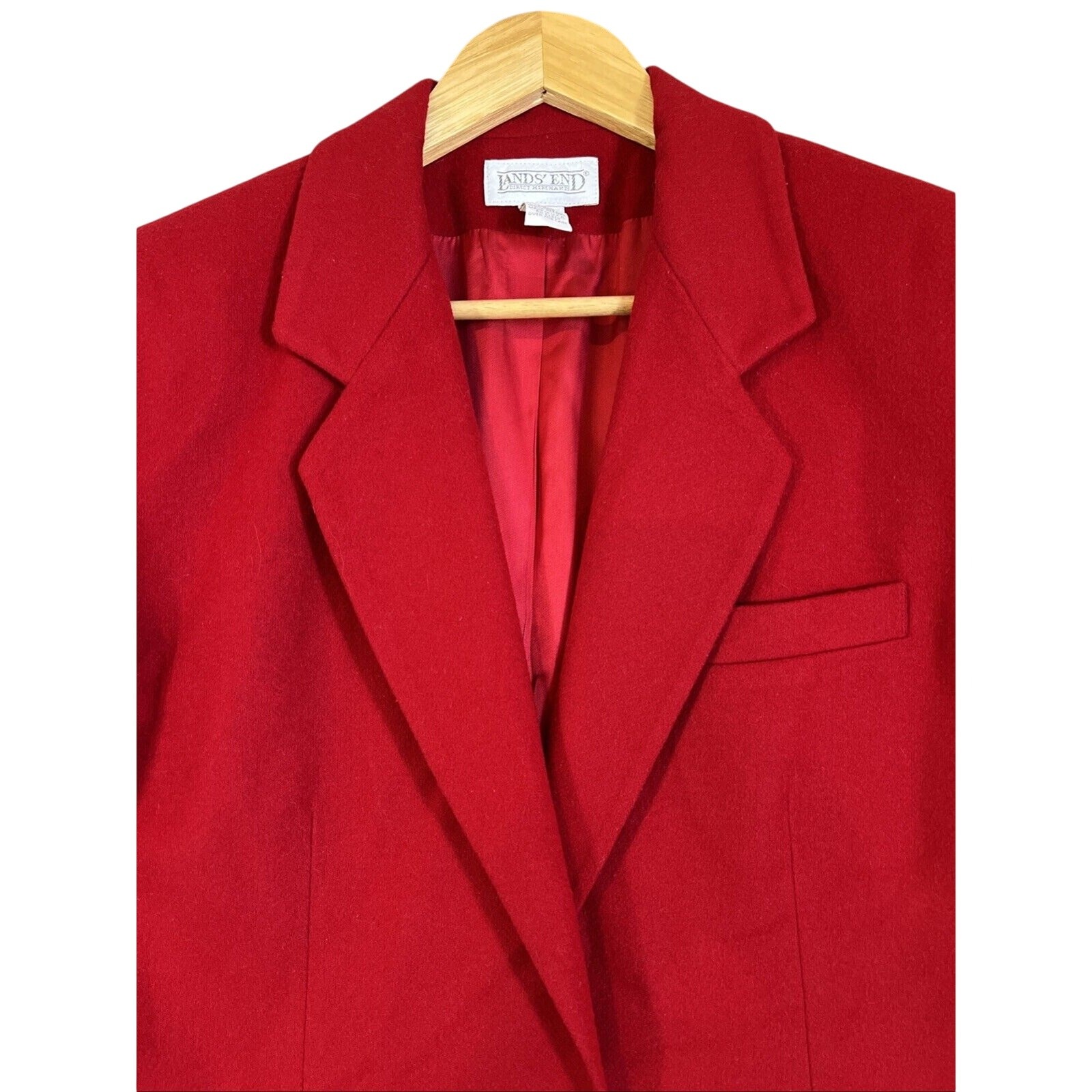 Lands’ End Wool Cashmere Blazer 10 Red Single Button Pockets Long Y2K USA