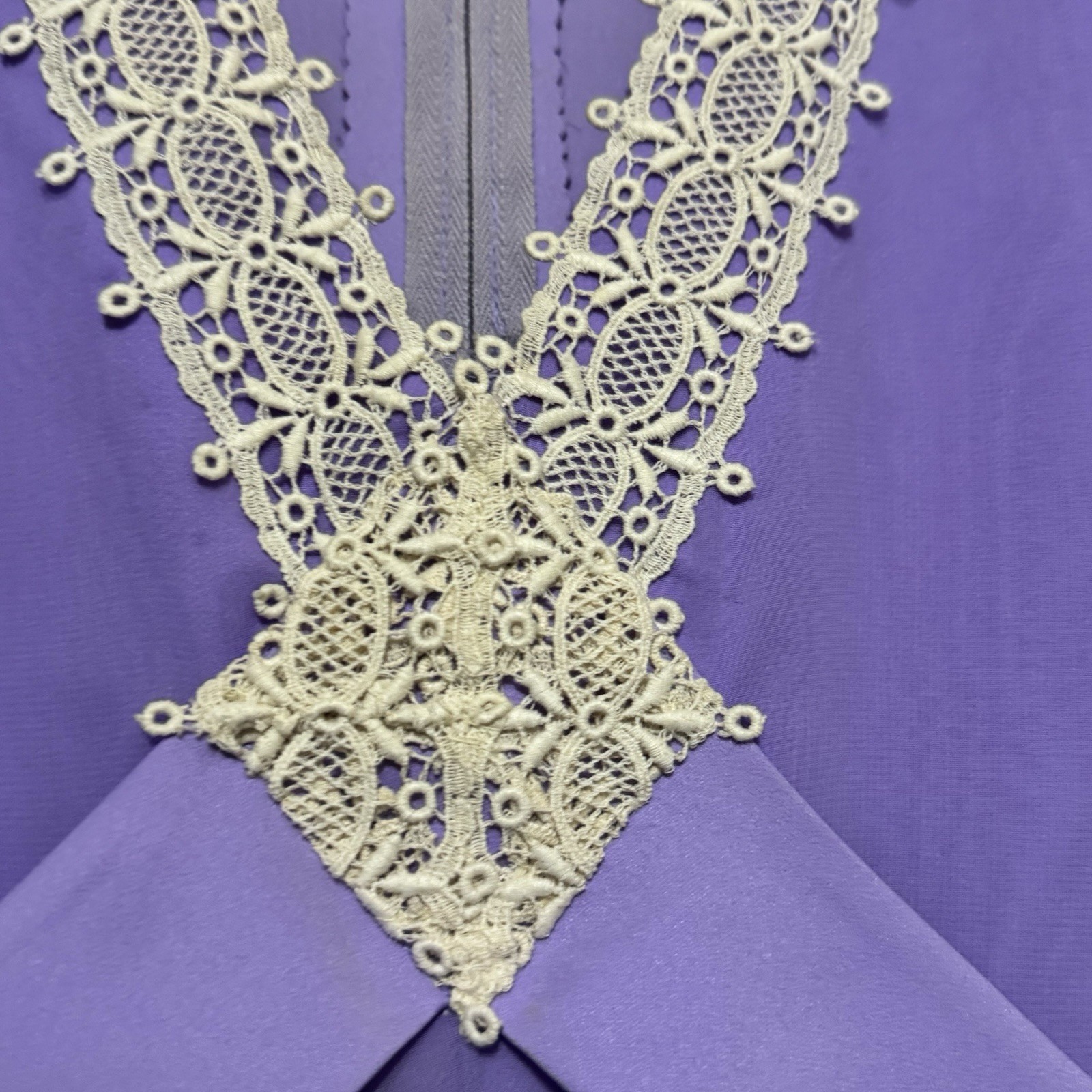 Vintage 60s Maxi Dress Purple chiffon size XS handmade crochet lace detail