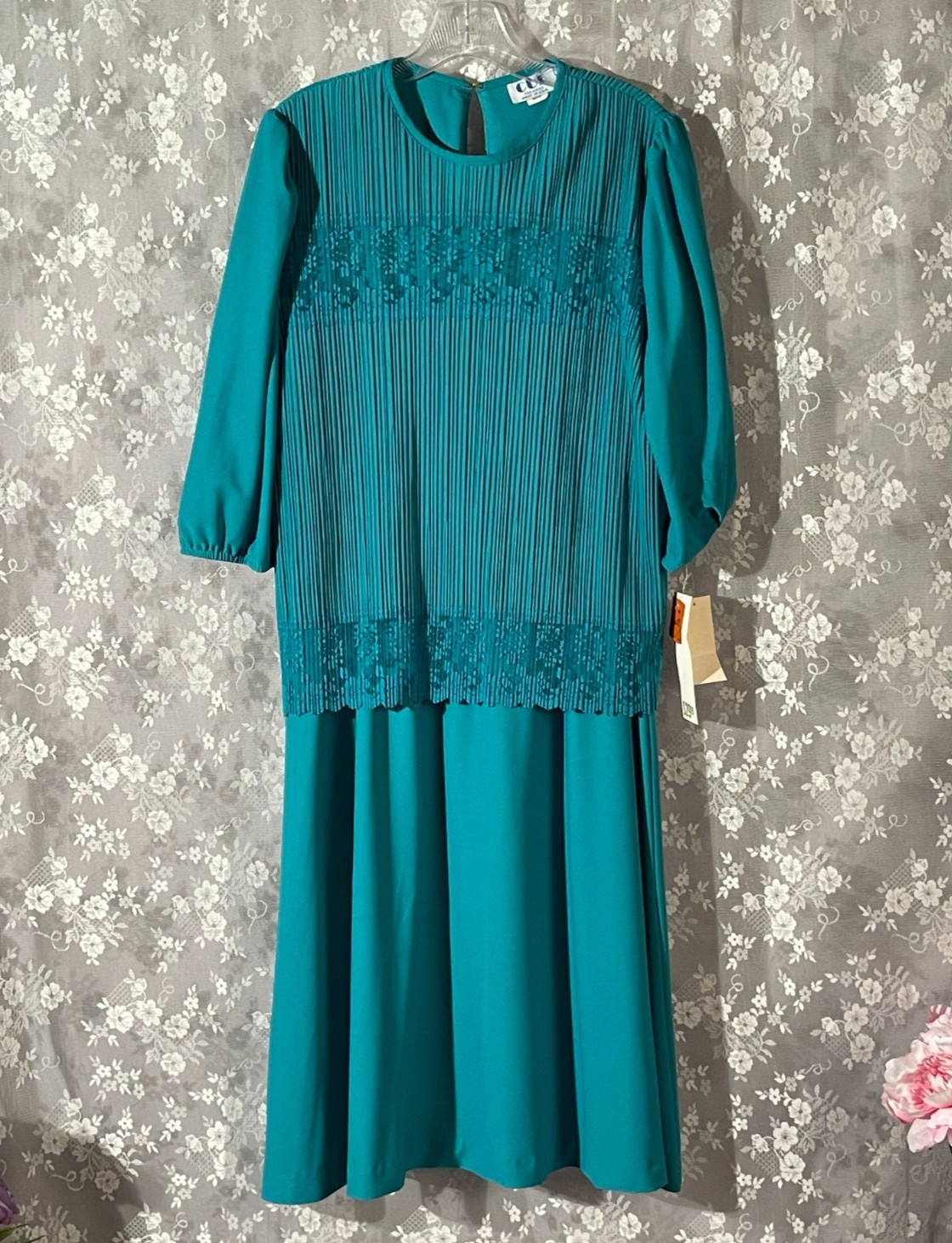Vintage 80s Cocktail Dress Size XL 1980s Retro Pleated Lace Dark Turquoise