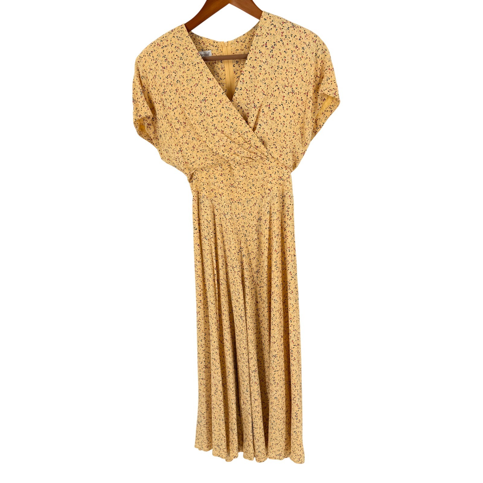 Vintage Donna Ricco Floral Faux Wrap Midi Dress Yellow Waist Tie Size Petite 8