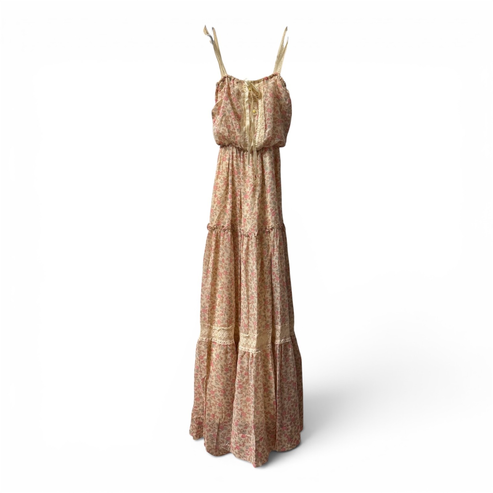Vintage 70s Roberta California Floral Prairie Maxi Vacation Dress Lace Boho XS S