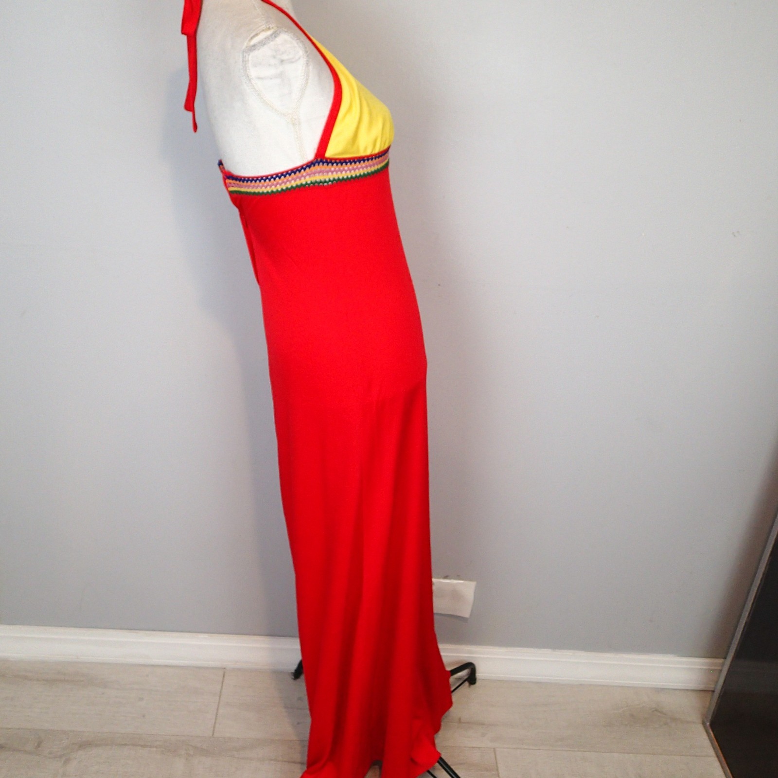 70s Joy Stevens California Halter Dress red yellow Maxi crochet boho sz 5/6