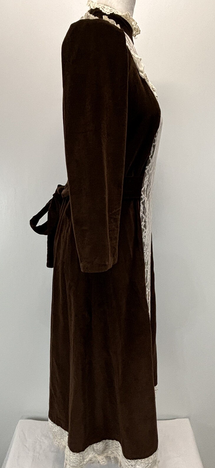 Vtg Handmade Velvet & Lace Prairie Dress Midi Brown Ivory High Neck Tie Waist
