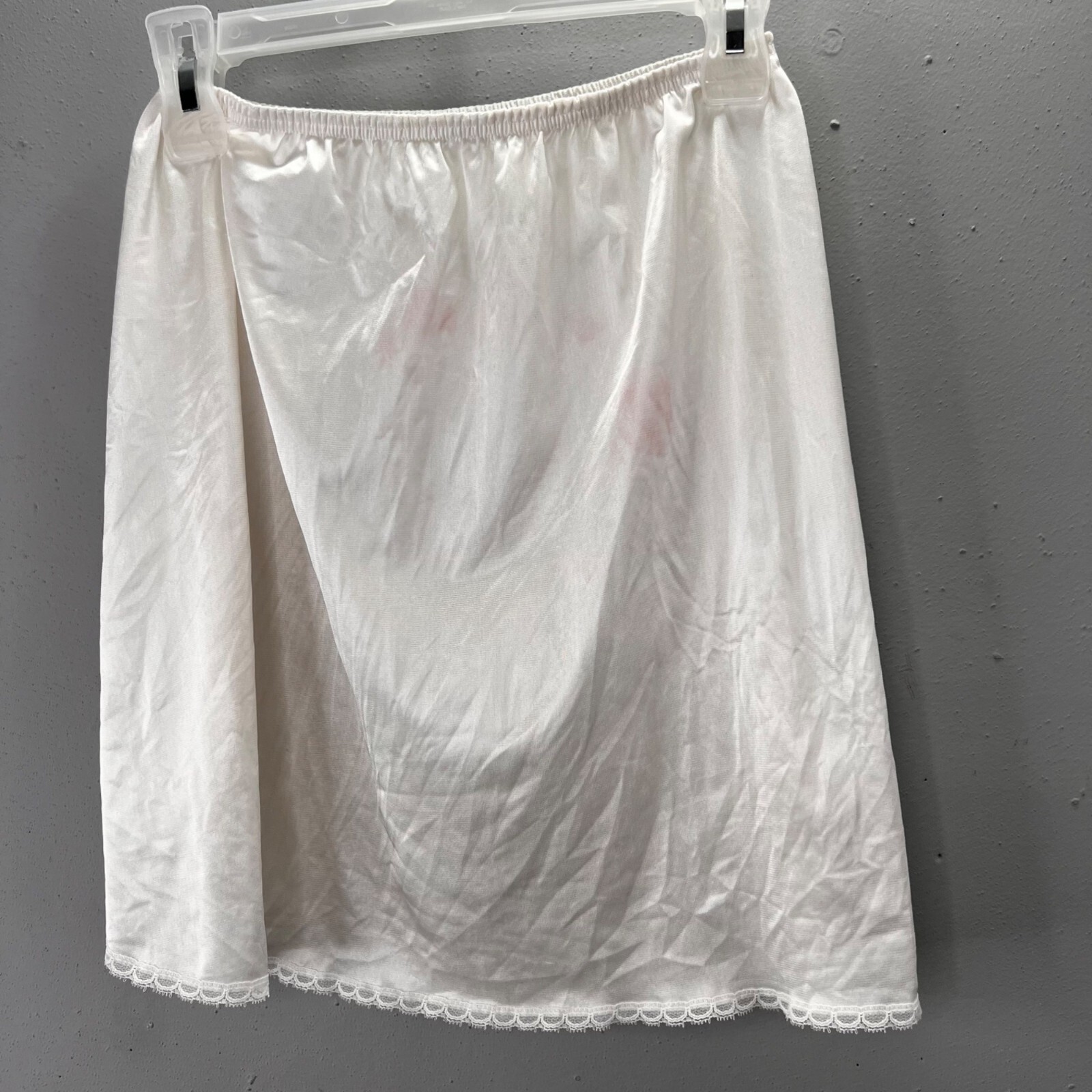 Vintage Half Slip White Satin Lace Trim size S M Elastic Waist Side Slit FLAW