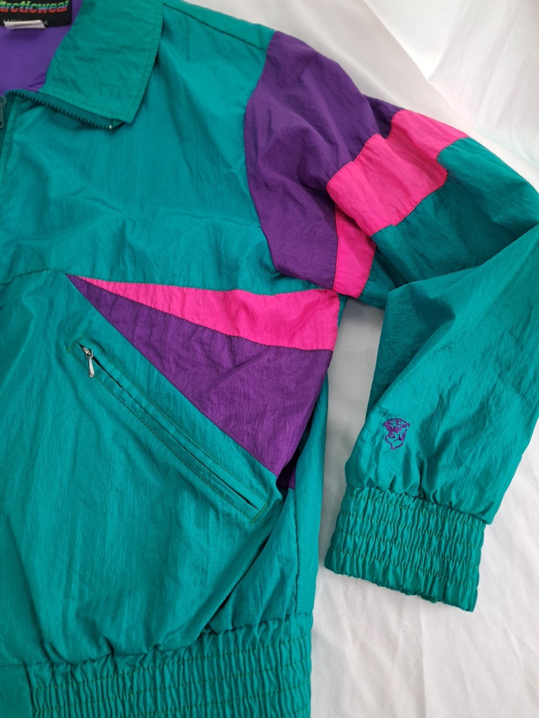 Vtg 80s 90s Womens Arcticwear Cat Teal Geometric Large Colorful Colorblock Pink