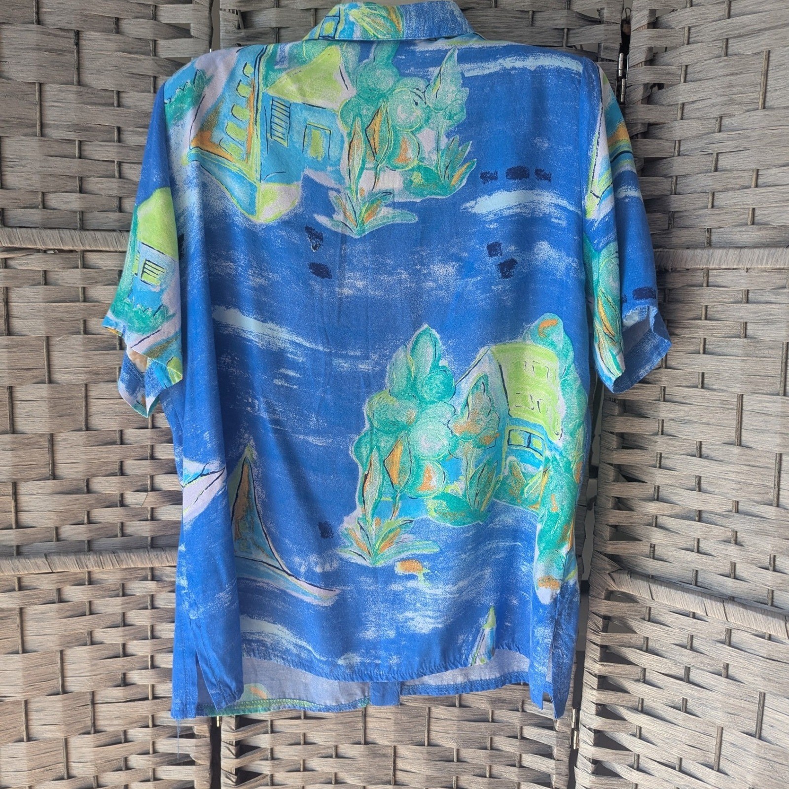 Vtg 90s Sailboat Print Rayon Short Sleeve Button Up Shirt Blue Sz L Made in USA