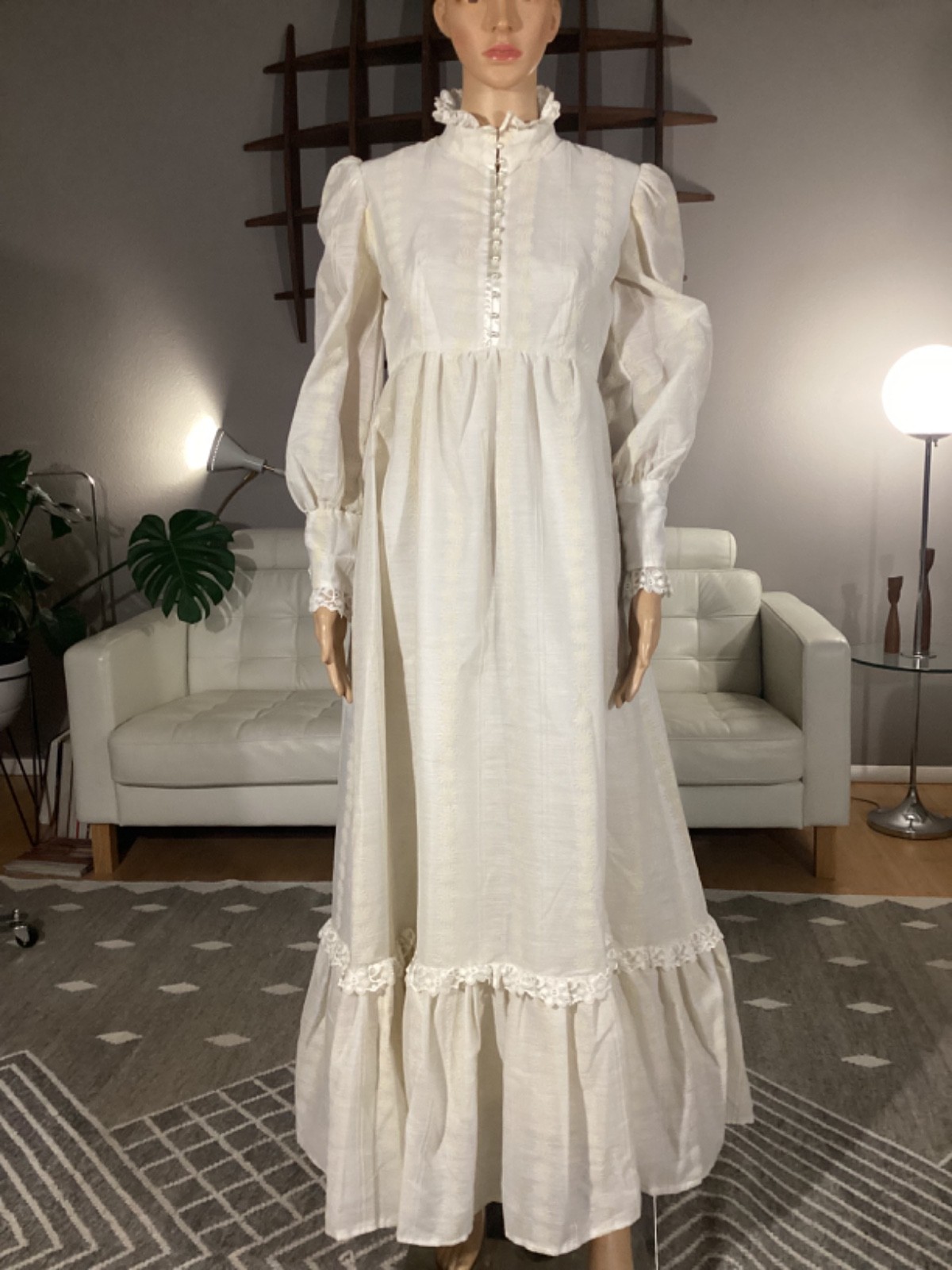 Vintage 60s Prairie Hippy Victorian Maxi Dress Flocked Floral Lace Empire Waist