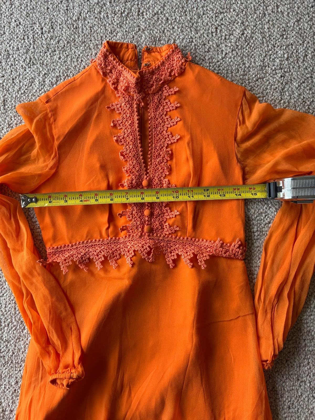Vintage 70s Orange Boho Prairie Maxi Dress Lace Keyhole Festival S Chic Glam