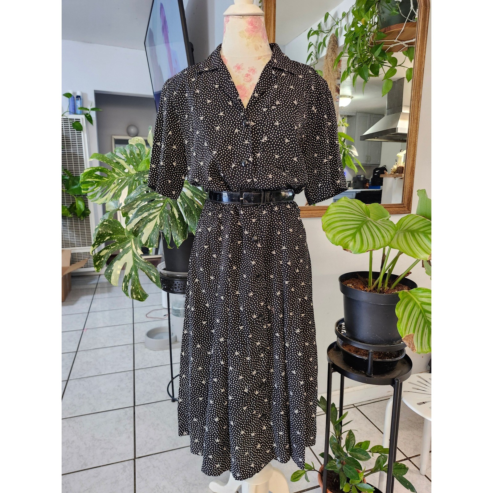 Vintage Liz Claiborne Blk Polka Dot Button Front Midi Dress Size 10 Cottagecore