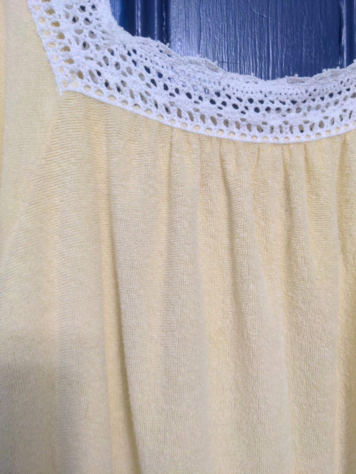 VTG Katz Women’s Terry House Dress/Kaftan/Crochet/Pockets Medium Yellow EUC 70s